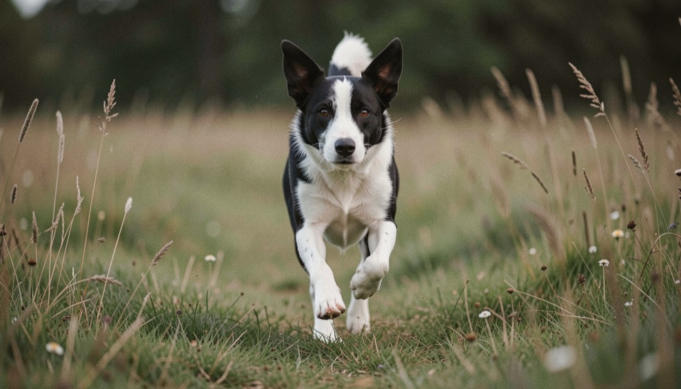 Ein schwarzweißer Hund sprintet auf einer Wiese auf die Kamera zu, Grashalme unscharf, die Vorderläufe gerade in der Luft